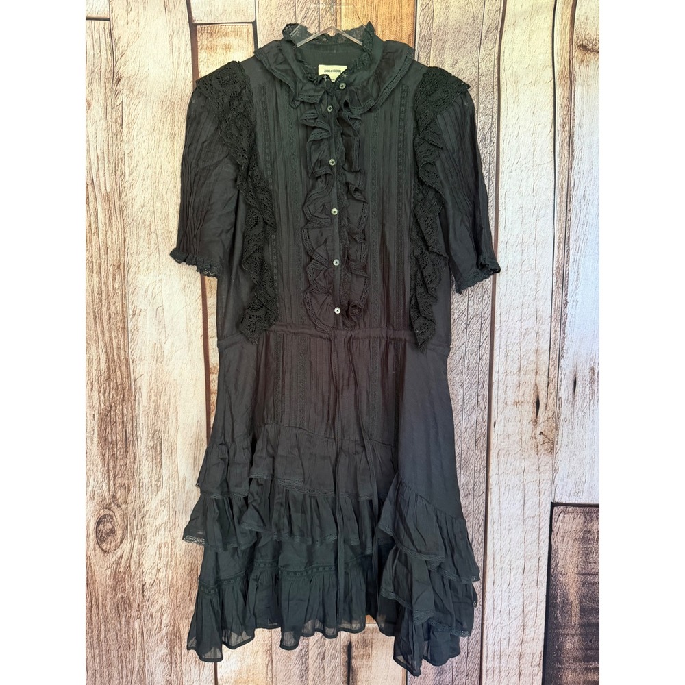 Zadig & Voltaire Ranky Lace Detail Ruffle Dress Black Dark Romantic Goth  XS